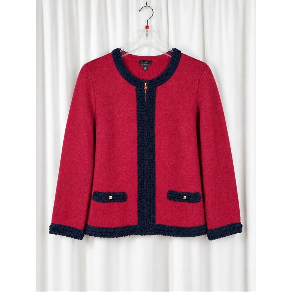 Talbots Merino Wool Deep Red Textured Navy Blue Trim Zip Front  Sweater Jacket